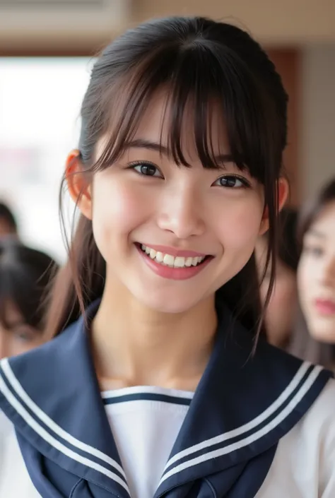 Create a stunning photo collection of a beautiful Japanese idol girl with fair skin. She has bangs and a ponytail, along with long straight hair. Dressed in a sailor uniform, she joyfully conducts a choir. Capture her purity and delicacy in every shot.