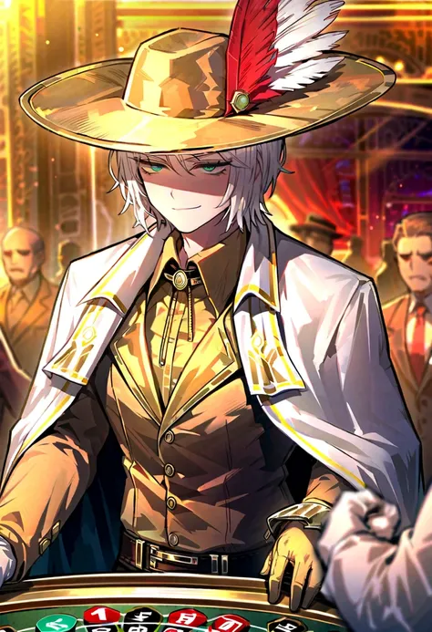 1male, white hair , gloves , (project moon\) , white and gold gloves , turquoise eyes , , white cape , shirt , hat , white and gold shirt , plume , short hair ,smug expression , collared shirt , solo focus , long sleeves , cape , indoors, casino, closed mo...