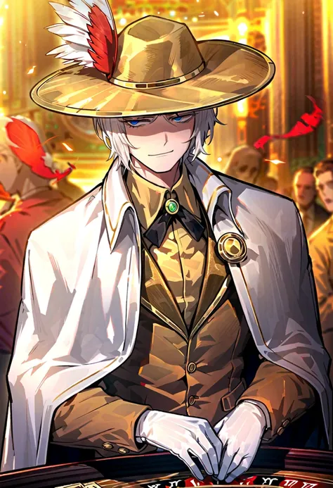 1male, white hair , gloves , (project moon\) , white and gold gloves , blue eyes , , white cape , shirt , hat , white and gold shirt , plume , short hair ,smug expression , collared shirt , solo focus , long sleeves , cape , indoors, casino, closed mouth ,...