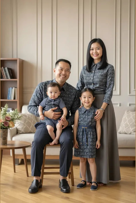 A warm and loving indonesian family of four poses for a portrait in an elegant living room setting. The father, a confident and caring figure, is seated on a wooden stool, holding his baby boy in his arms. The baby, dressed in a matching blue batik outfit,...