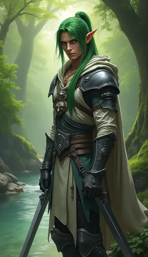 High Quality, heroic pose, male fighter elf, handsome, in a forest, beside a stream , man, long hair, light armor, green hair, green eyes, medium height , gray and black clothing , hair ornament, ponytail , elf ears, hood, Full body angle , ((necklace with...