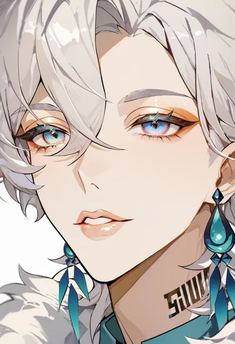 1boy, solo, High Resolution, Simple background, Bangs, white Hair, Short Hair, man with feminine features, aventurine, long eyelashes, glossy lips, kwkm, makeup