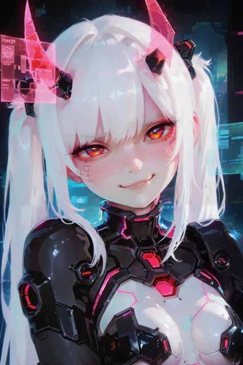 masterpiece, best quality, Detailed Eyes, girl, fantasy, twintail white hair, kawaii, tsundere, red eye, tiny and black horn, naughty, cutie face, semi realistic, pink neon accessories, black cyber suit, smile, solo charactor, cyberpunk background, hologra...