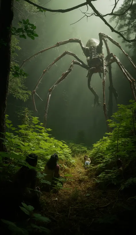 The camera looks up at the dense forest, and a giant tall spider crawls past the heads of people hiding in the grass、 8K resolution on the front、 Realistic Textures 、cinematic lighting、depth of field。