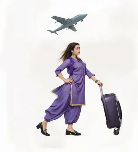A Young Girl in Purple Shalwar Kameez Handling a Travel Briefcase Looking Confident towards her Journey, One hand on waist, One hand on Briefcase, Her Hair Blowing in the WIND, A bit Chubby BODY, PEAR Shape Body, Lookalike of JENNIFER CONNELLY Background s...