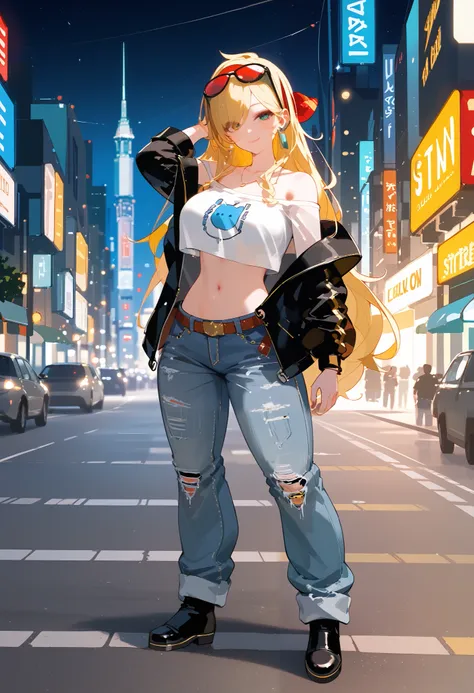 (masterpiece, highest quality),crop top, hot pants,off-shoulder jacket,jumpsuit Blonde, Beautiful adult woman,baggy jeans, full body, Big breasts, sexy, Seductive images, glasses over the head, blonde white long hair, city street background, (ultra detaile...