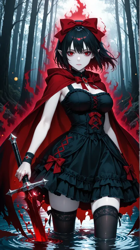 (masterpiece, best quality), very aesthetic, (close-up shot), front view, looking at viewer, 1girl, beautiful, vampire, ((red aura)), expressionless, red eyes, empty eyes, black hair, short hair, floating hair, (hair bow), red bow, medium breasts, (lolita ...