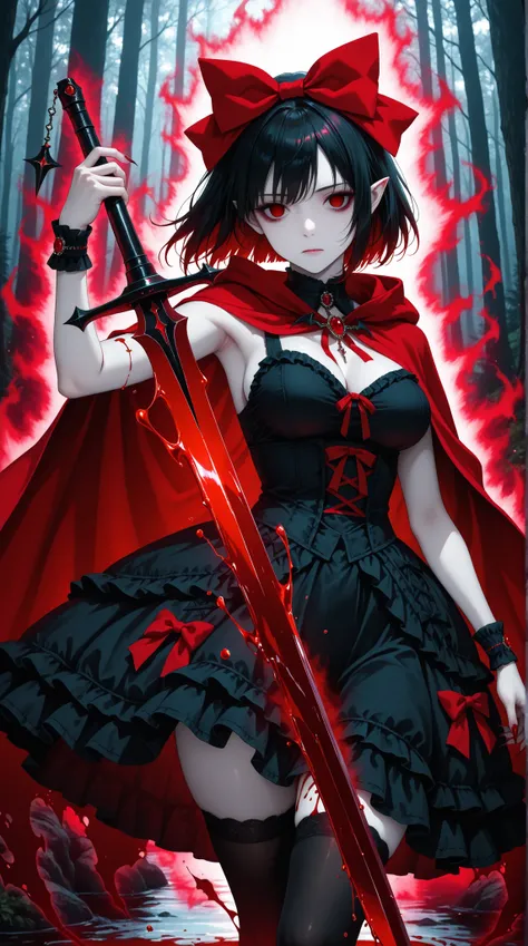 (masterpiece, best quality), very aesthetic, (close-up shot), front view, looking at viewer, 1girl, beautiful, vampire, ((red aura)), expressionless, red eyes, empty eyes, black hair, short hair, floating hair, (hair bow), red bow, medium breasts, (lolita ...