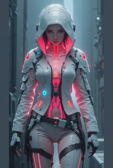 A vibrant, detailed and futuristic illustration showcasing a 28-year-old Caucasian female gaming character dressed in a futuristic, mech-like white hooded armor over a glowing neon pink top, her striking features showcased in a dynamic stance. The artwork ...