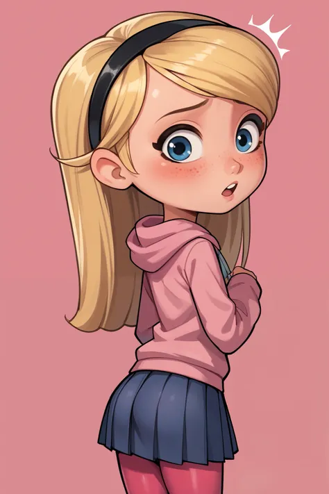 score_9, score_8_up, score_7_up, source_anime, 1girl, solo, penny peterson, long hair, blue eyes, 2d, freckles, blonde hair, ,bright pink hoodie , pleated skirt , ,frills, fur-trimmed dark lavender skirt, fur-trimmed, ,maroon leggings, ,hairband, black hai...