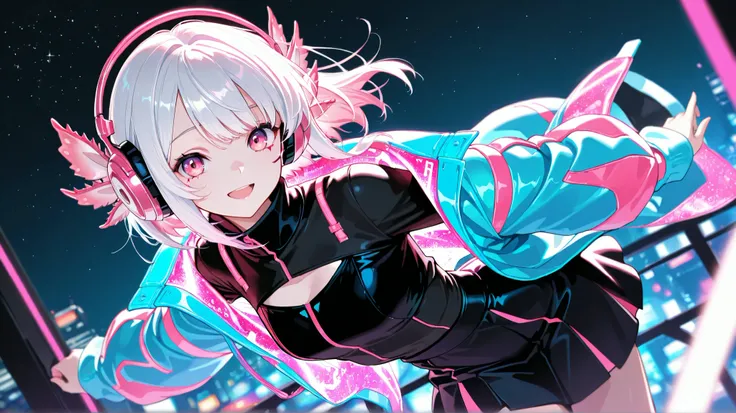 masterpiece, best quality, detailed face, detailed eyes, 1 girl, solo, beautiful, modest chest, slender body, mature, light makeup, adorable, cheerful, bright smile, open mouth, short hair, pink hair outer, white hair inner, long side bangs, short tidy ban...