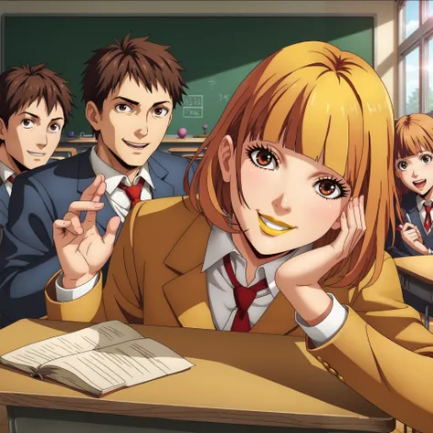 (score_9,score_8_up,score_7_up),(anime:1.2), viewer, ( Contrast Color , bright color:1.1), 1 girl, multiple boys sniffing each other,(work_Midorikawa:1.2) , Smile, Hana Midorikawa,school uniform,  Blunt Bang, yellow lipstick,  eyelashes, (school classroom,...