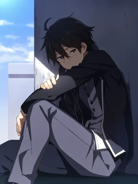 anime boy sits on the ground with his head down,  inspired by Okumura Masanobu , Kirito,   Inspired by Okumura Tokyu  ,  Okada Kazuto ,  handsome anime posture, Hijikata Jushiro,  Inspired by Hiroo Yamagata  , Anime handsome guy,  of a young anime characte...