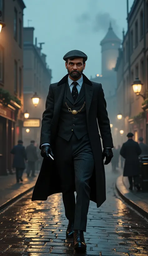 A gritty 1920s British street at dusk, filled with fog and dim gaslights. The main character, a sharp-dressed gang leader, walks down the cobblestone road, exuding confidence and danger. His long wool coat sways with every step, a cigarette smolders betwee...