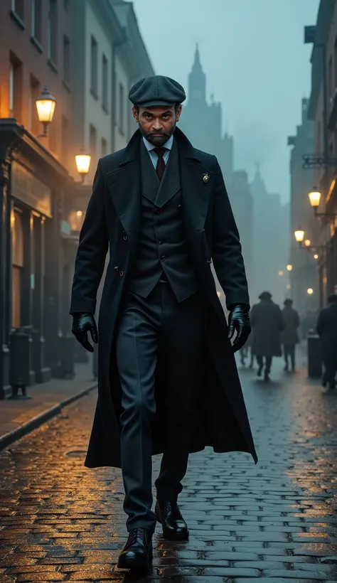 A gritty 1920s British street at dusk, filled with fog and dim gaslights. The main character, a sharp-dressed gang leader, walks down the cobblestone road, exuding confidence and danger. His long wool coat sways with every step, a cigarette smolders betwee...