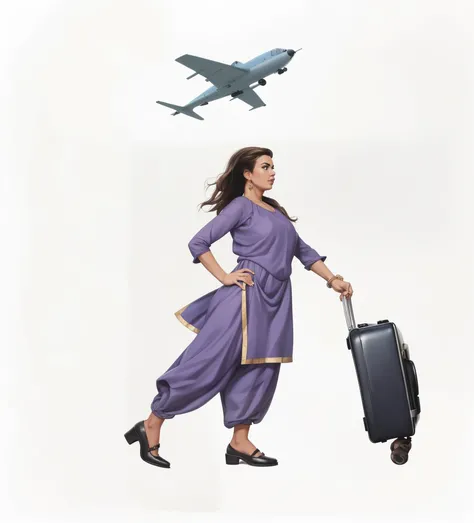 A Young Girl in Purple Shalwar Kameez Handling a Travel Briefcase Looking Confident towards her Journey, One hand on waist, One hand on Briefcase, Her Hair Blowing in the WIND, A bit Chubby BODY, PEAR Shape Body, Lookalike of JENNIFER CONNELLY Background s...