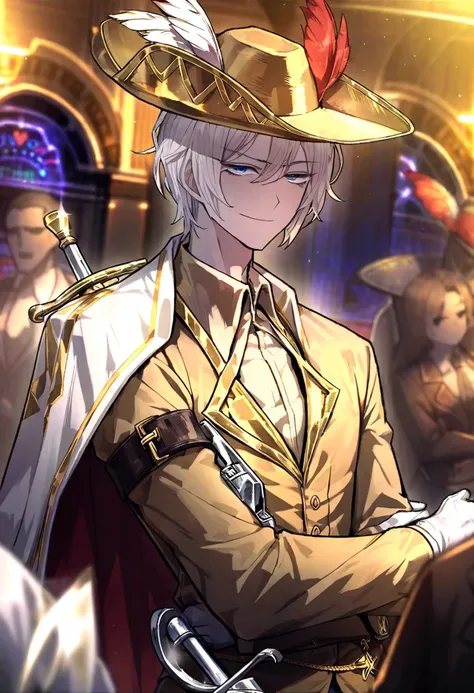 1male,,skinny, white hair , gloves , (project moon\) , white and gold gloves , blue eyes , , white cape , shirt , hat , white and gold shirt , plume , short hair ,smug expression , collared shirt , solo focus , long sleeves , cape , indoors, casino, closed...