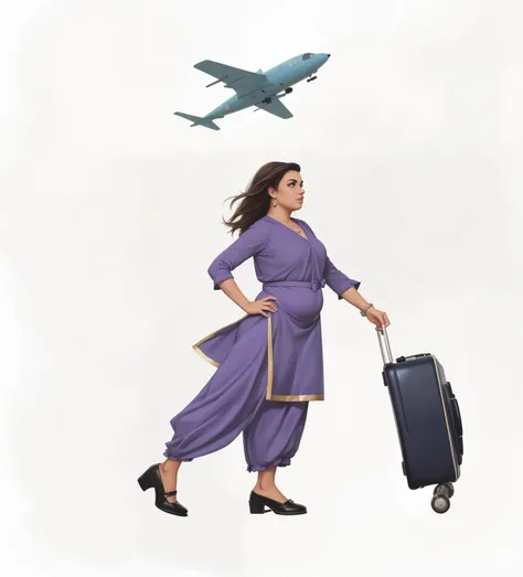 A Young Girl in Purple Shalwar Kameez Handling a Travel Briefcase Looking Confident towards her Journey, One hand on waist, One hand on Briefcase, Her Hair Blowing in the WIND, A bit Chubby BODY, PEAR Shape Body, Lookalike of JENNIFER CONNELLY Background s...