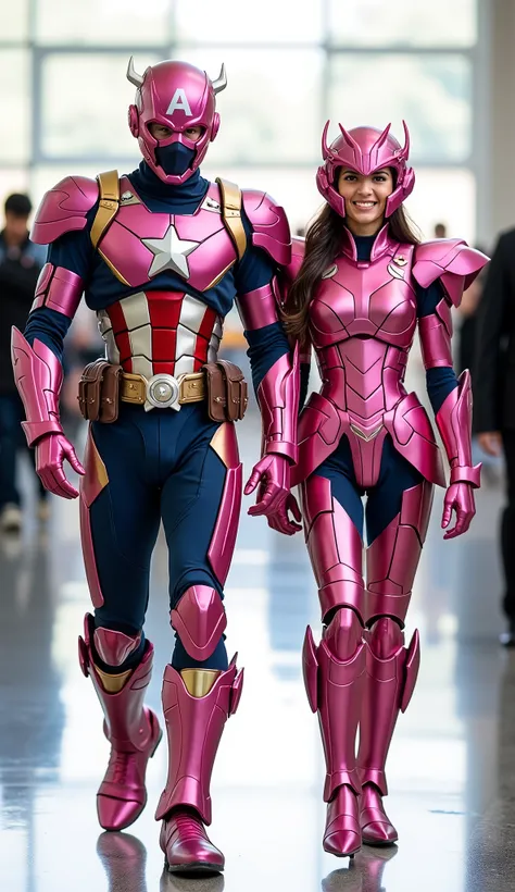 character: 1 man with mask full head,  and 1 woman.

action: Walk straight and look straight ahead.

Expression : smiling.

Costume : they Wearing futuristik captain America pink with saint Seiya armor.

 Background : A bright indoor public space , with pe...