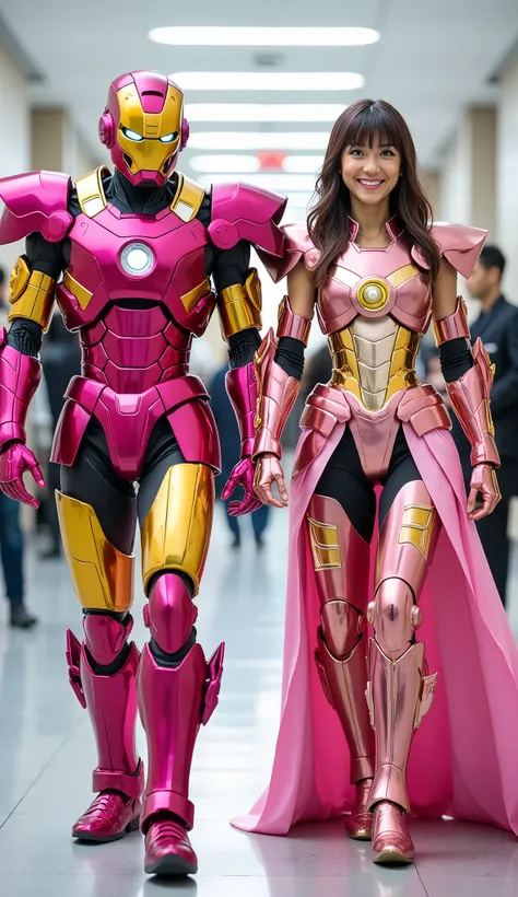 character: 1 man with mask full head, and 1 woman.
action: Walk straight and look straight ahead.
Expression : smiling.
Costume : they Wearing futuristik ironman pink with saint Seiya armor.
Background : A bright indoor public space , with people vag...
