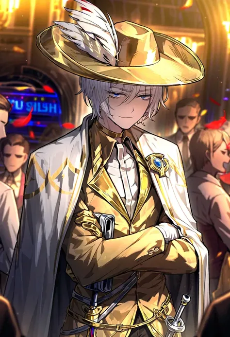 1male,,skinny, white hair , gloves , (project moon\) , white and gold gloves , blue eyes , , white cape , shirt , hat , white and gold shirt , plume , short hair ,smug expression , collared shirt , solo focus , long sleeves , cape , indoors, casino, closed...