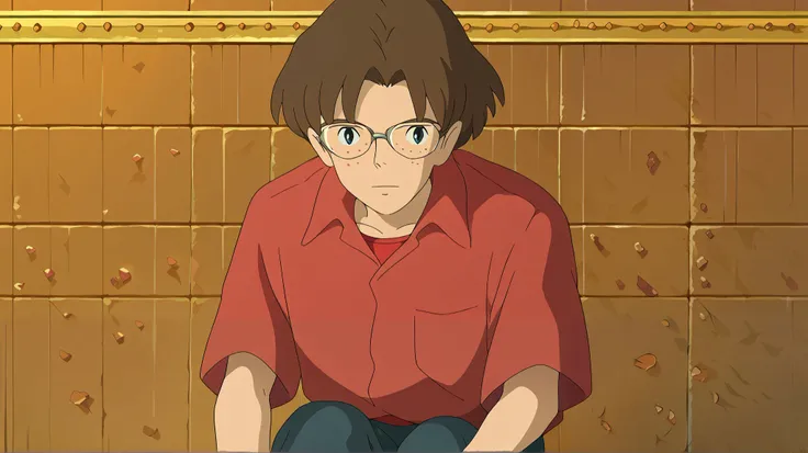 
ghibli_style, score_9, score_8_up, score_7_up, score_6_up, source_anime, 1boy, defkensuke  glasses, white collared shirt,  brown hair, short sleeves, red undershirt, pants,freckles