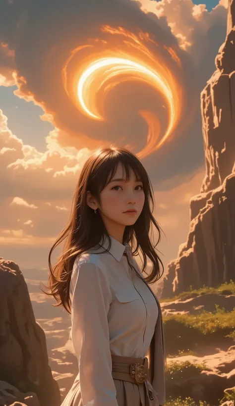 1 girl standing on the surface of the sun. I'm watching a huge solar tornado. focuses on solar tornadoes . a close-up of a solar tornado . polar vortex . on the ground , there is a solar flare , Solar Picures , Prominence of the Sun , solar plag...
