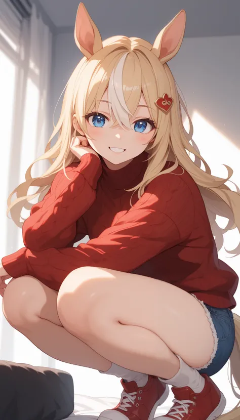 horse tail, long hair, streaked hair, blonde hair, white hair, hair between eyes, animal ears, ear ornament, blue eyes，１ bashful girl, Alone, anime style，cute girl,Best Quality, super detailed, anime style，8k, high resolution, detailed face, Character's Up...