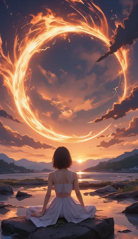 1 girl standing on the surface of the sun. I'm watching a huge solar tornado. focuses on solar tornadoes . a close-up of a solar tornado . polar vortex . on the ground , there is a solar flare , Solar Picures , Prominence of the Sun , solar plag...