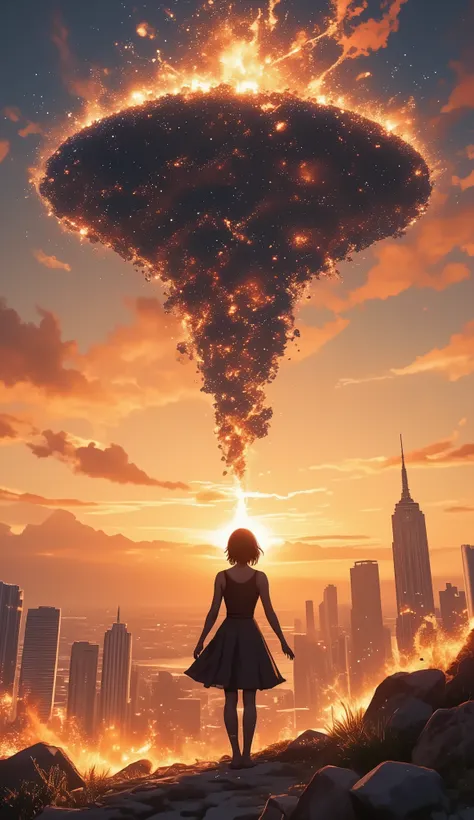 1 girl standing on the surface of the sun. I'm watching a huge solar tornado. focuses on solar tornadoes . a close-up of a solar tornado . polar vortex . on the ground , there is a solar flare , Solar Picures , Prominence of the Sun , solar plag...