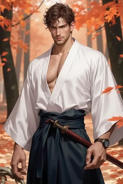 29 year old man who looks young, MEASUREMENTS 1 . 80 meters tall , Handsome Kendo (solid white kimono on top and a long high waisted navy blue maxi skirt (skirt, too) with obi:1.4), sweat, sparkling sweat, bob, (short very curly brown hair:1.2), emerald gr...