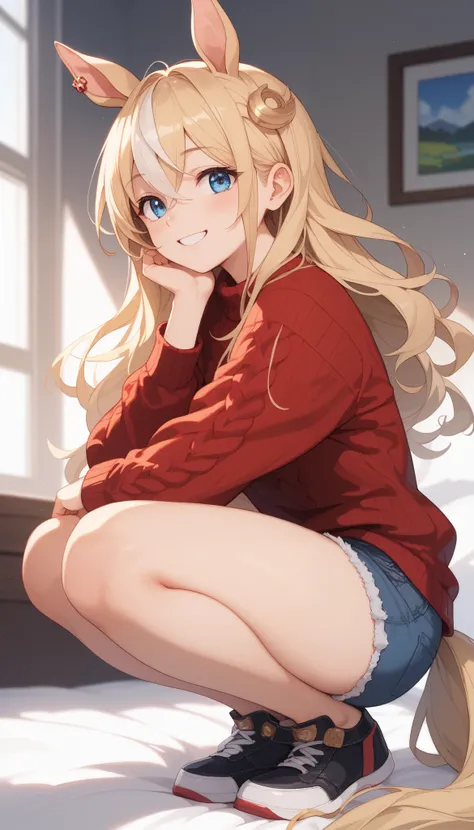 horse tail, long hair, streaked hair, blonde hair, white hair, hair between eyes, animal ears, ear ornament, blue eyes，１ bashful girl, Alone, anime style，cute girl,Best Quality, super detailed, anime style，8k, high resolution, detailed face, Character's Up...