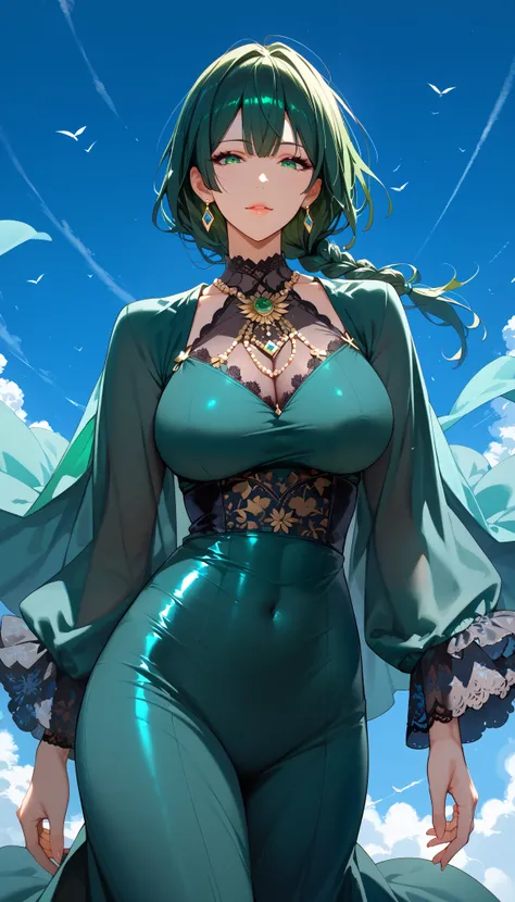 Score_9, Score_8_up, Score_7_up, Source_anime, anime art, anime style, very aesthetic, masterpiece, high quality, cool character, mature woman, milf, curvaceous, , looking at you ,fubuki,  green outfit tight, green, and black lace dress with long sleeves