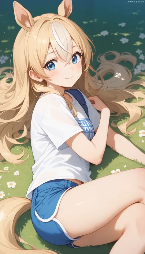 horse tail, long hair, streaked hair, blonde hair, white hair, hair between eyes, animal ears, ear ornament, blue eyes，1 girl, Alone, anime style，cute girl,Best Quality, super detailed, anime style，8k, high resolution, Detailed Images，（（ on the lawn ）），（ly...