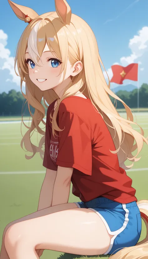 horse tail, long hair, streaked hair, blonde hair, white hair, hair between eyes, animal ears, ear ornament, blue eyes，1 girl, Alone, anime style，cute girl,Best Quality, super detailed, anime style，8k, high resolution, Detailed Images，（（ on the lawn ）），（ G...