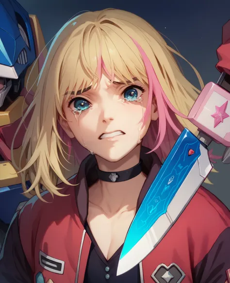 Mecha Robot and girl,blonde hair,pink hair, blue eyes, multicolored hair, RikaKawaiR4,red jacket,choker anime WEP, prime knife, Saved Rika Kawai, Optimus Prime And Rika Kawai, Crying
