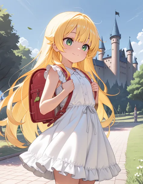 Masterpiece, hd, 1girl, best quality, yellow hair, very long hair, green eyes, smile, wearing white dress, frilled dress, cute dress, Sleeve less, nowtie, wearing randoseru backpack, brown backpack, standing, outdoor, castle, park