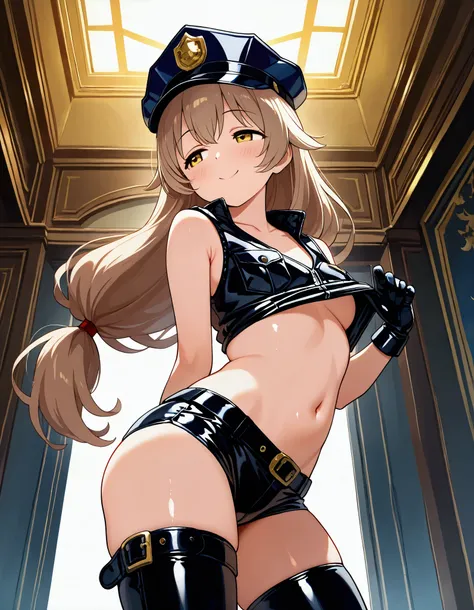 1girl, voluptuous, solo, light brown hair low-tied long hair, golden yellow eyes, half-closed eyes, (tareme), smile, collarbone, black latex police cap, shiny black leather vest, (naked vest), latex shorts, leather thigh belt, arched back, vest lift, from ...