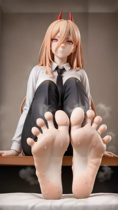 Chainsaw Man, Power (chainsaw man), , 1girl, feet, barefoot, foot focus, toes, solo, soles, necktie, blonde hair, yellow eyes, horns, steaming body, sweat, pants, shirt, looking at viewer, smell, ringed eyes, black necktie, black pants, white shirt, brea...
