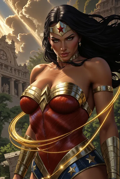 Izabela ion as Wonder Woman, detailed portrait, fierce expression, standing heroic pose, golden tiara and lasso, iconic red and blue costume, Themyscira island background, Greek architecture, glowing magical effects, sunlight streaming through clouds, 8K, ...