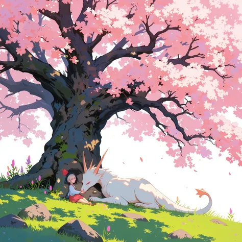 (transparently transparent Ethereal picture, fantastic and idyllic landscape image),
BREAK
huge cherry blossom tree in full bloom,1white dragon with a cute girl, sleeping under tree, fresh green grass spread out and rapeseed flowers are blooming,
BREAK ...
