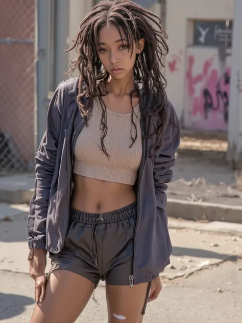 A black woman with dark skin and beaded dreadlocks walking in the city in front of a chain link fence. She wears cute basketball shorts and a colored crop top with no text. (She looks determined.:1.8) She has band-aids on her knees and cheek. (Urban backgr...