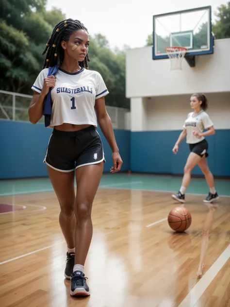 black girl walking, outdoor basketball court, dark skin, short beaded dreadlocks. cute basketball shorts and t-shirt. she looks determined. band-aid on her knees and cheek.