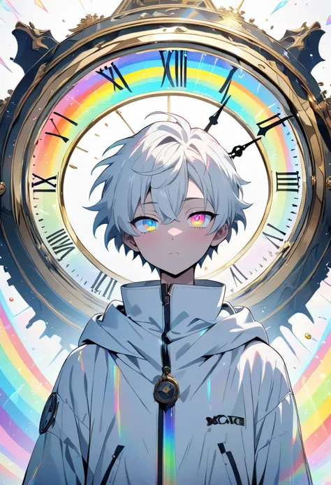 [(WHITE BACKGROUND:1.5)], ((masterpiece)), high quality, ((solo)), ((1 younger boy)), (white color short hair), (rainbow color eye), bright skin, white parka, ((anime style)), (clock rainbow effect:1.3),