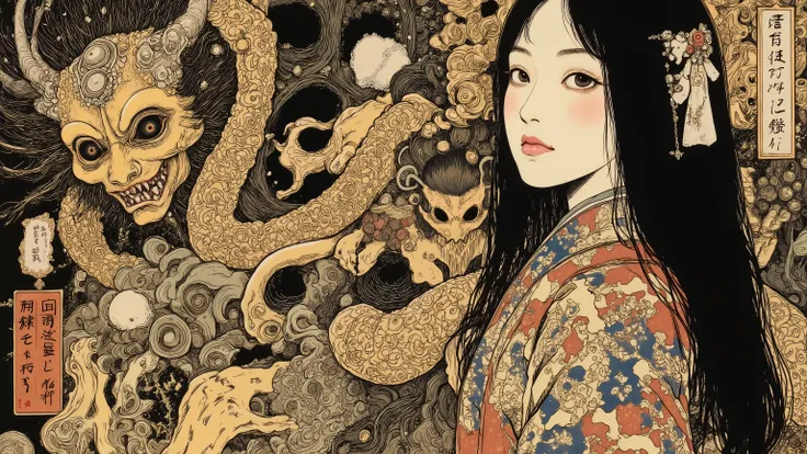 1 woman,solo,beautiful face,turime,black hair,long straight hair ,Bob,hime cut, long hair,((wearing kimono)),yokai and oni background,Nihonga,Japanese painting style,(vivid color,distinctly colored:1.5),sharp line,dynamic pose,detailed image,itou jakutyu s...