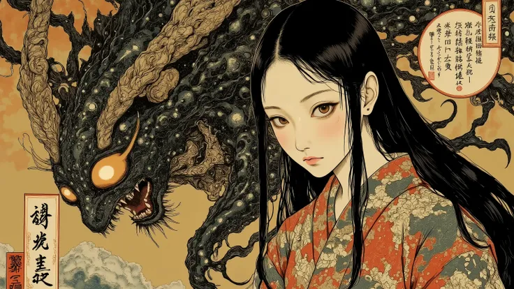 1 woman,solo,beautiful face,turime,black hair,long straight hair ,Bob,hime cut, long hair,((wearing kimono)),yokai and oni background,Nihonga,Japanese painting style,(vivid color:1.5),sharp line,dynamic pose,detailed image,itou jakutyu style, ,junji i...