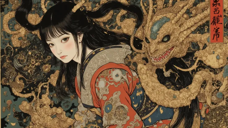 1 woman,solo,beautiful face,turime,black hair,long straight hair ,Bob,hime cut, long hair,((wearing dress)),yokai and oni background,Nihonga,Japanese painting style,(vivid color:1.5),sharp line,dynamic pose,detailed image,itou jakutyu style, ,junji it...