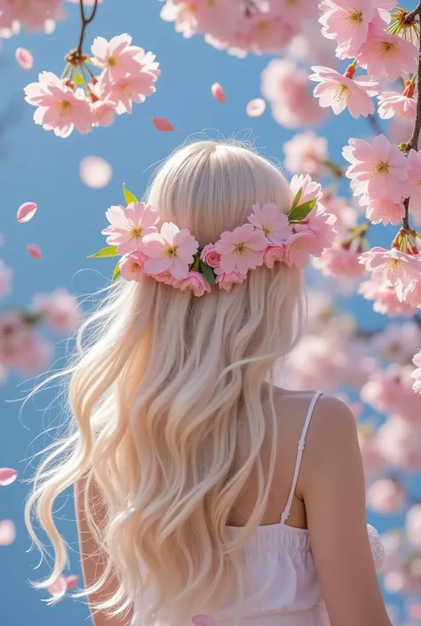Cherry blossoms：1.37，spring poster design，Good-looking handwritten fonts：“Spring Comes”： Close-up of a girl's back，Back， beautiful hair ， fine hair， long hair， flowers in hair ，of yarn is flowing
