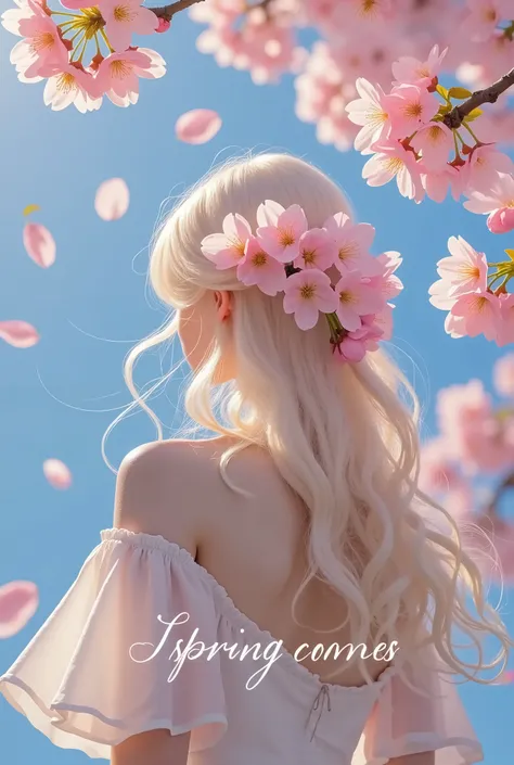 Cherry blossoms：1.37，spring poster design，Good-looking handwritten fonts：“Spring Comes”： Close-up of a girl's back，Back， beautiful hair ， fine hair， long hair， flowers in hair ，of yarn is flowing
