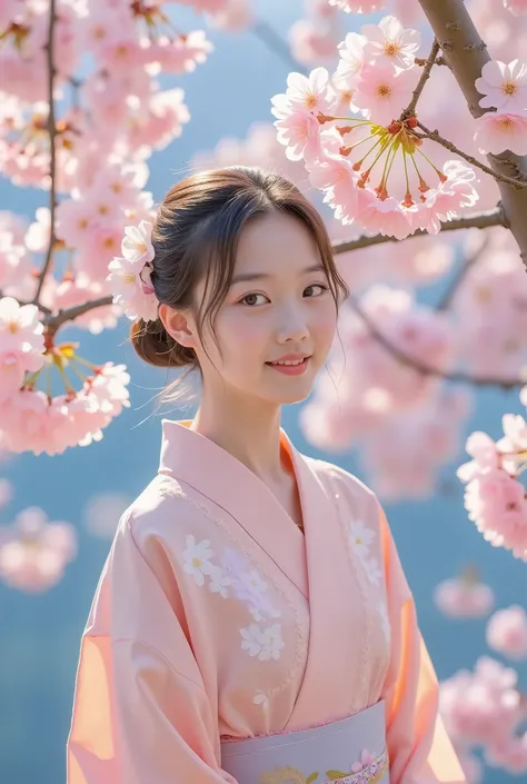 A high-quality photo，Show a beautiful Japanese girl standing under a blooming cherry blossom tree. She smiled softly, Wear a soft, light-colored kimono，It is embroidered with delicate patterns. The sun shines through the petals,  create a dreamy atmosphere...